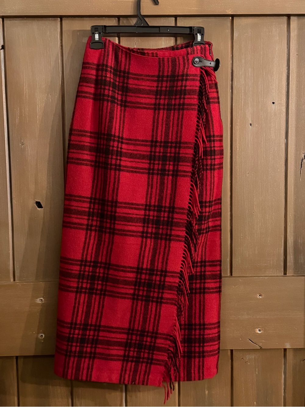 Eddie Bauer vintage plaid wool fringe long wrap maxi skirt.